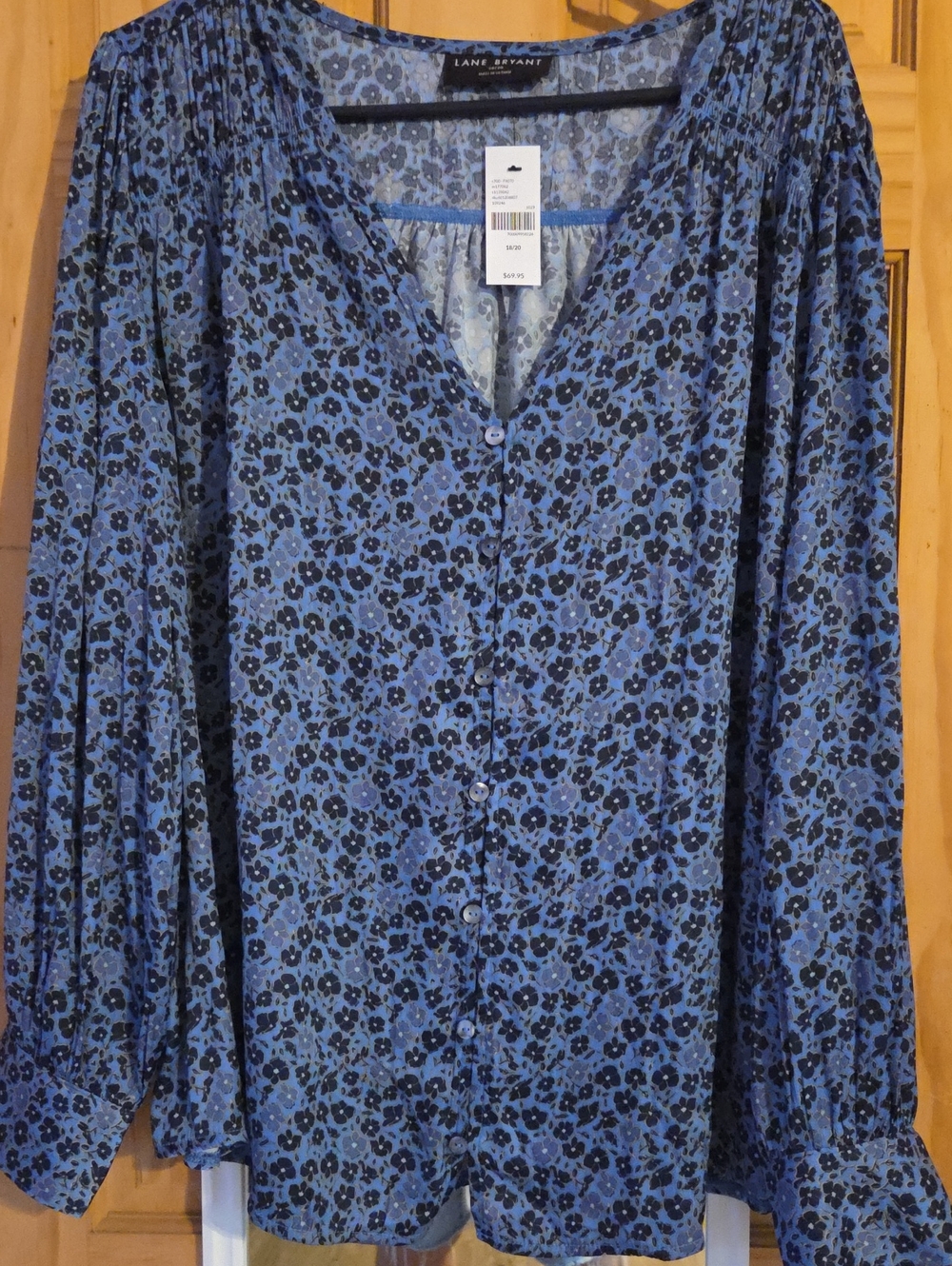 Lane Bryant Blue Floral Button-Front Blouse with Black Accents